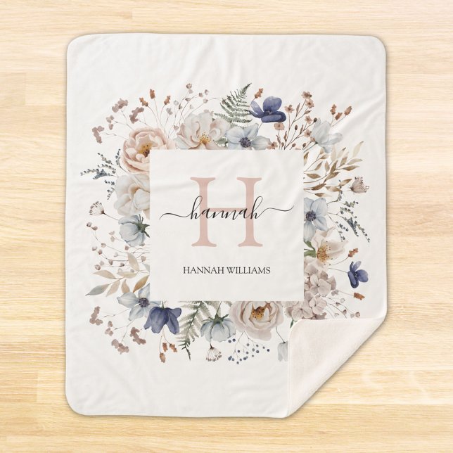 Elegant Monogram Pretty Beige Blue Flowers Floral Sherpa Blanket (In situ)