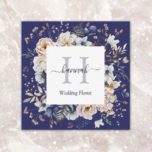 Elegant Monogram Pretty Beige Blue Flowers Floral Square Business Card