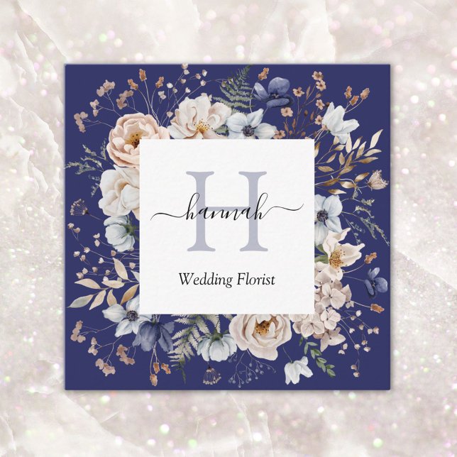 Elegant Monogram Pretty Beige Blue Flowers Floral Square Business Card (Close up)