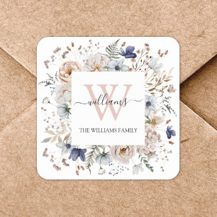 Elegant Monogram Pretty Beige Blue Flowers Floral Square Sticker