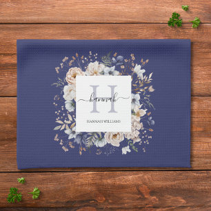 Elegant Monogram Pretty Beige Blue Flowers Floral Tea Towel
