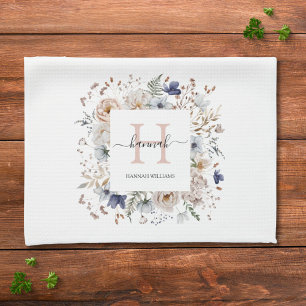 Elegant Monogram Pretty Beige Blue Flowers Floral  Tea Towel