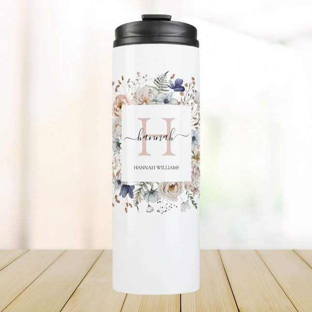 Elegant Monogram Pretty Beige Blue Flowers Floral Thermal Tumbler (In situ)