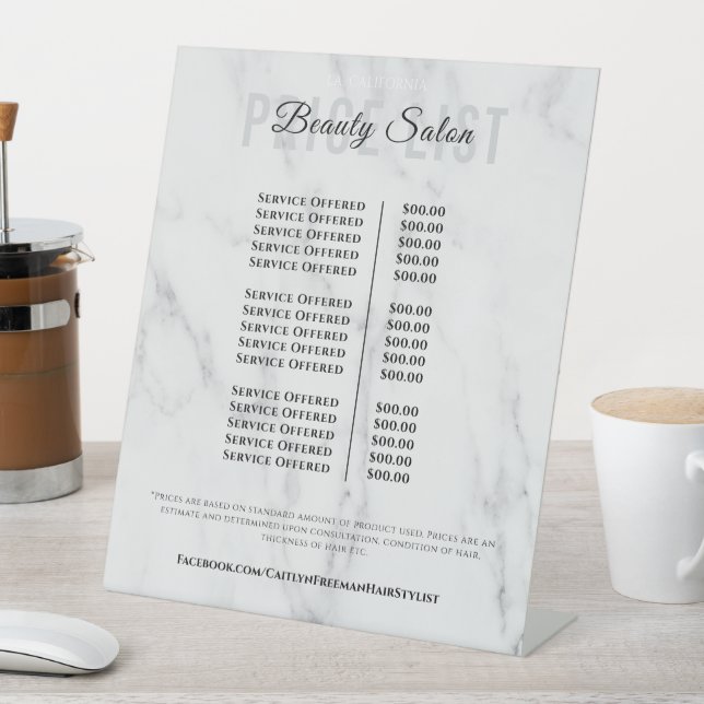 Elegant Monogram price list table top signs (In SItu)