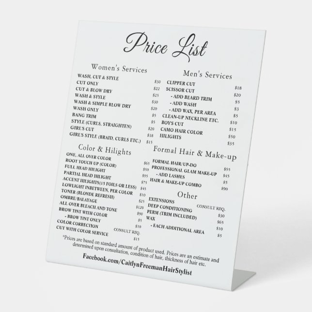 Elegant Monogram price list table top signs (Front)