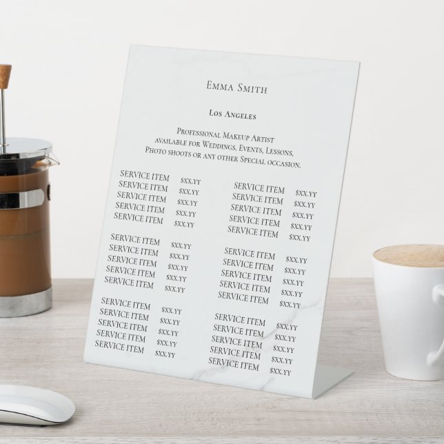 Elegant Monogram price list table top signs (In SItu)