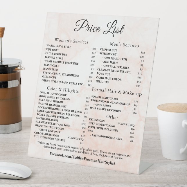 Elegant Monogram price list table top signs (In SItu)