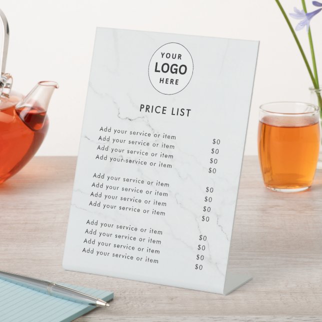 Elegant Monogram price list table top signs (In SItu)