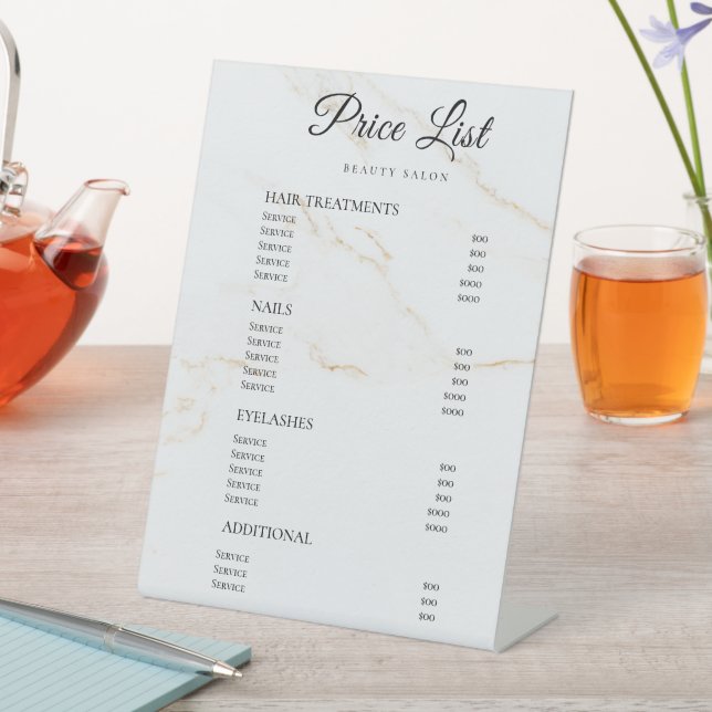Elegant Monogram price list table top signs (In SItu)