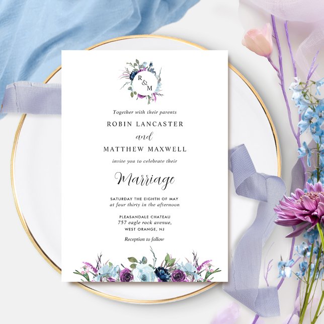 Elegant Monogram Purple and Blue Wedding Invitation (Creator Uploaded)