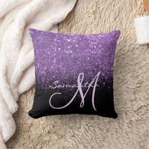 Elegant Monogram Purple Glitter & Black  Cushion