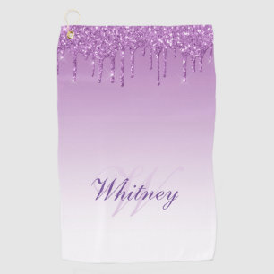 elegant monogram purple glitter drips golf towel