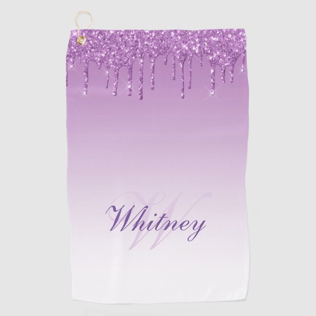 elegant monogram purple glitter drips golf towel (Front)