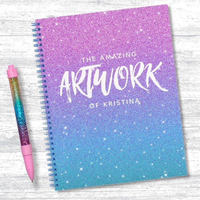 Elegant Monogram Purple Glitter Sketchbook Notebook (A cute purple and blue glitter sketchbook. Personalize it with your name.)