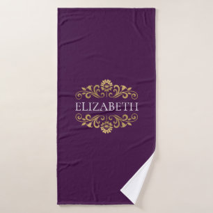 Elegant Monogram Purple Gold Bath Towel