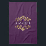 Elegant Monogram Purple Gold Kitchen Towel<br><div class="desc">An elegant and chic purple and gold flourish monogram kitchen towel. Add your name between the gold floral flourish on the front. Designed for you by Blackberry Boulevard.</div>