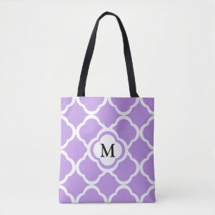 Elegant Monogram Purple Quatrefoil Pattern Tote Bag