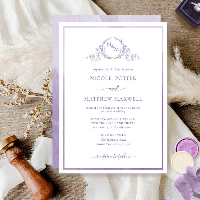 Elegant Monogram Purple Watercolor Wedding Invitation (Creator Uploaded)