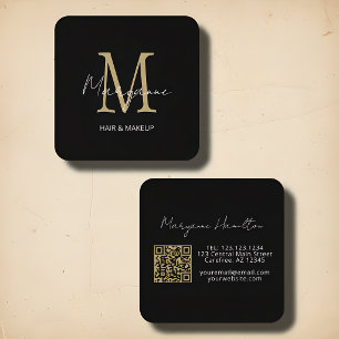 Elegant Monogram QR Black Gold Square Business Card