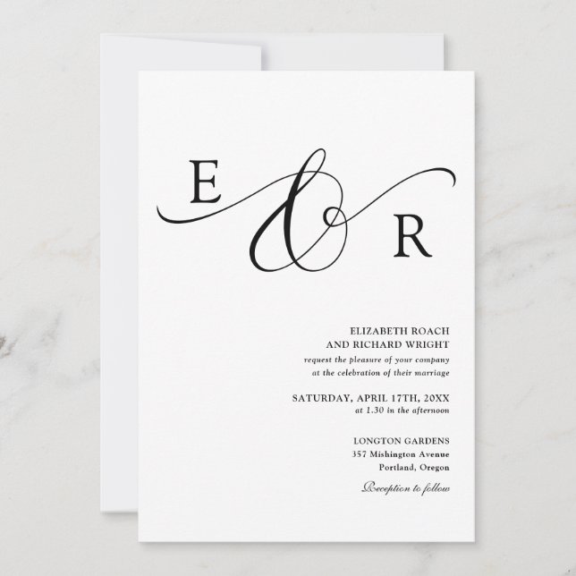 Elegant Monogram QR Code Black And White Wedding Invitation (Front)