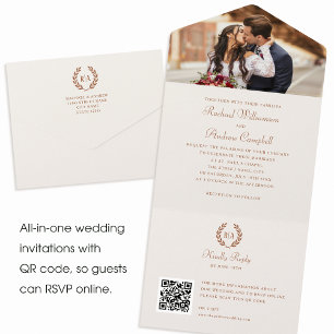 Elegant Monogram QR Code Burnt Orange Wedding All In One Invitation