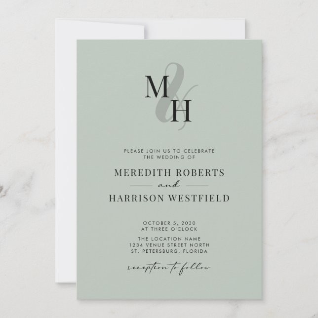 Elegant Monogram QR Code RSVP Sage Green Wedding Invitation (Front)