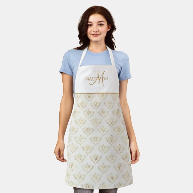 Elegant Monogram, Queen Bee, Cream and Gold Apron (Worn)