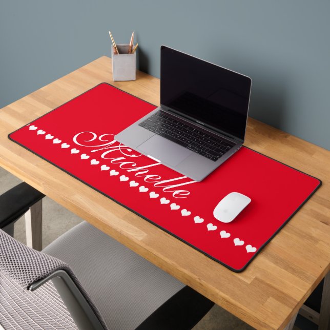 Elegant Monogram Red and White Hearts Desk Mat (Office 2)