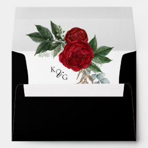 Elegant Monogram Red Floral Black & White Wedding Envelope