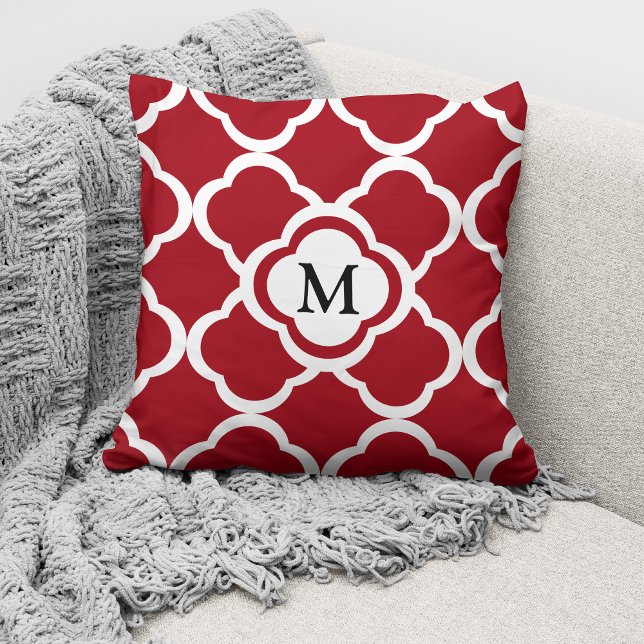 Elegant Monogram Red Quatrefoil Pattern Cushion (Creator Uploaded)