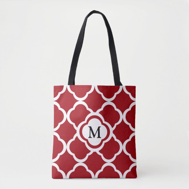 Elegant Monogram Red Quatrefoil Pattern Name Tote Bag (Front)
