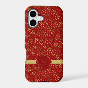 Elegant Monogram Red Wax Seal Gold Leaf Pattern