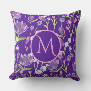 Elegant Monogram Romantic Purple Feminine Floral Cushion