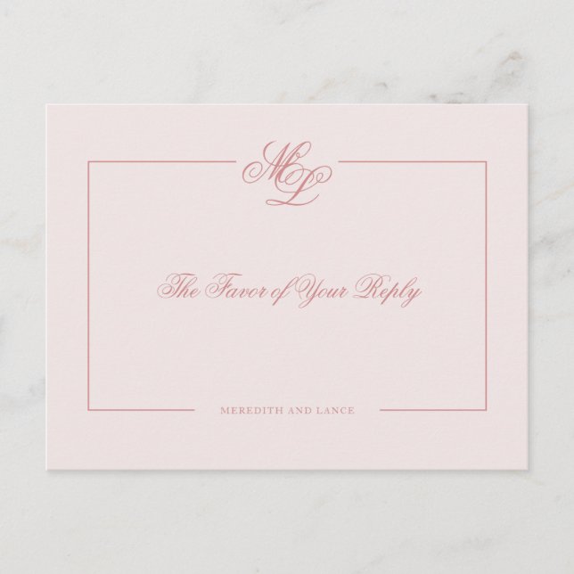 Elegant Monogram Rose Blush Script Wedding Reply Invitation Postcard (Front)