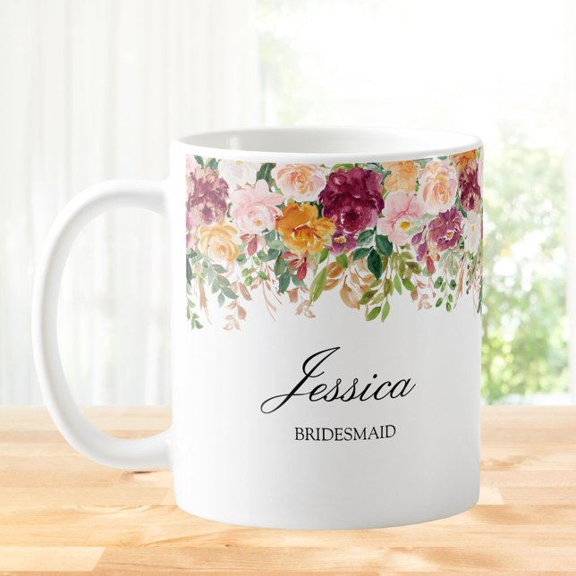 Elegant Monogram Rose Garden Floral Bridesmaid Coffee Mug (In situ)