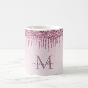 Elegant Monogram Rose Glitter Drips Coffee Mug