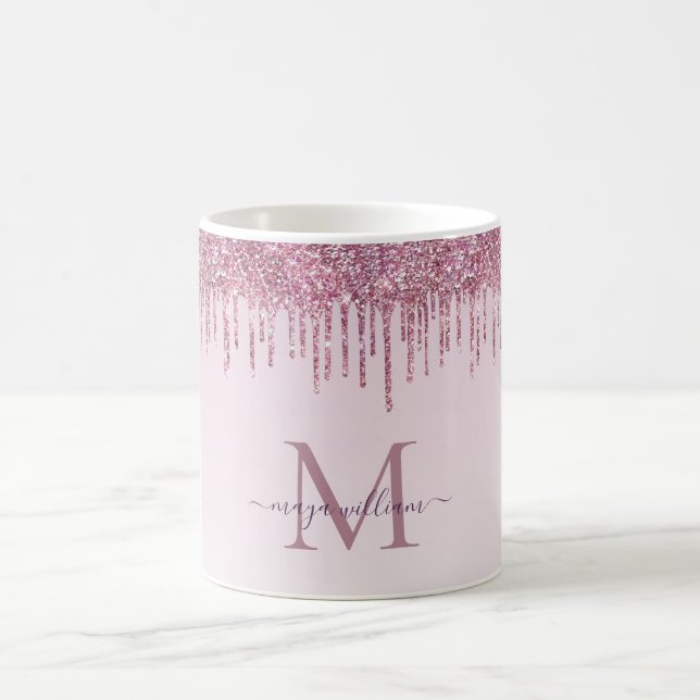 Elegant Monogram Rose Glitter Drips   Coffee Mug (Center)