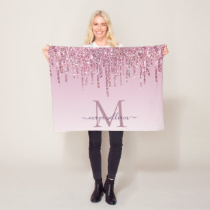 Elegant Monogram Rose Glitter Drips Fleece Blanke Blanket