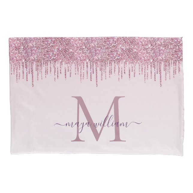 Elegant Monogram Rose Glitter Drips  Pillowcase (Front)
