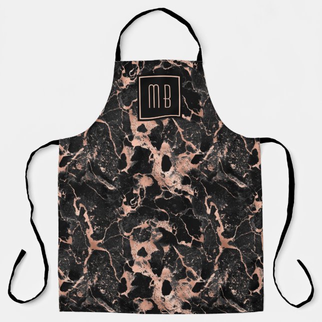 Elegant Monogram Rose Gold Black Marble Apron (Front)
