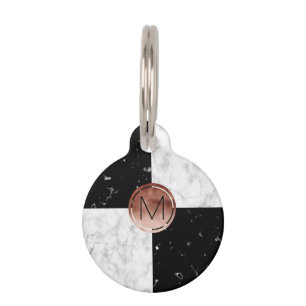 Elegant monogram rose gold black white marble pet tag