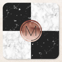 Elegant monogram rose gold black white marble