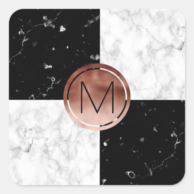 Elegant monogram rose gold black white marble square sticker (Front)