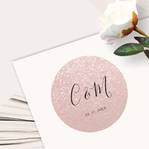 Elegant Monogram Rose Gold Glitter Wedding  Classic Round Sticker