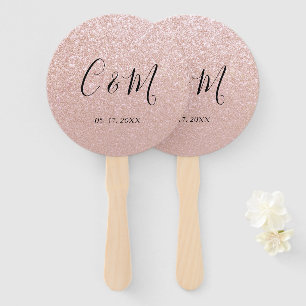 Elegant Monogram Rose Gold Glitter Wedding Hand Fan