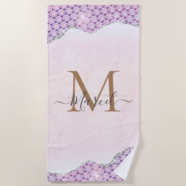 Elegant Monogram Rose pink Glitter Beach Towel (Front)