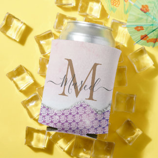 Elegant Monogram Rose pink Glitter Can Cooler