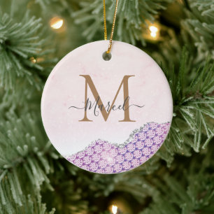 Elegant Monogram Rose pink Glitter Ceramic Tree Decoration