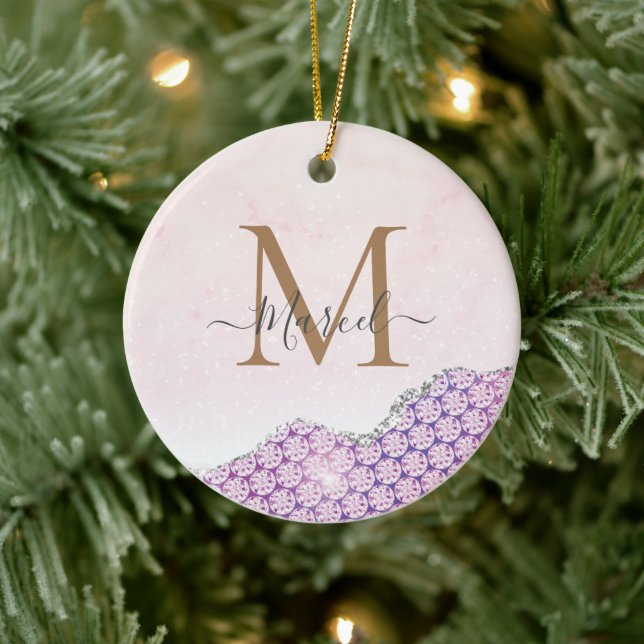Elegant Monogram Rose pink Glitter Ceramic Tree Decoration (Tree)