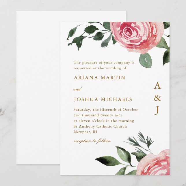 Elegant Monogram Roses Wedding Invitation (Front/Back)
